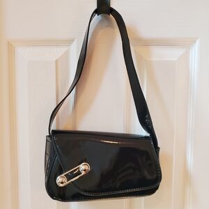 Y2K Black Patent Leather Baguette Bag Safety Pin Buckle